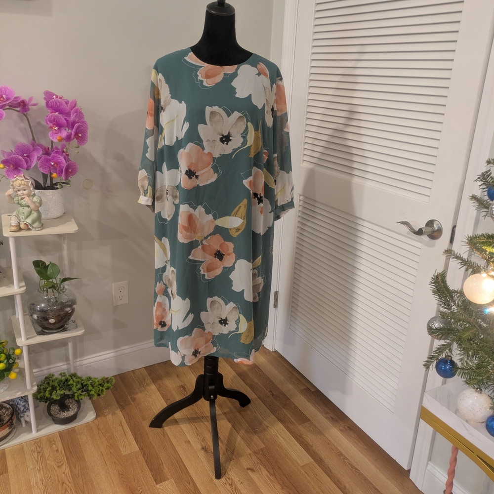 Ava & Viv Teal Floral Midi Dress Size 1X 3/4 Sleeves